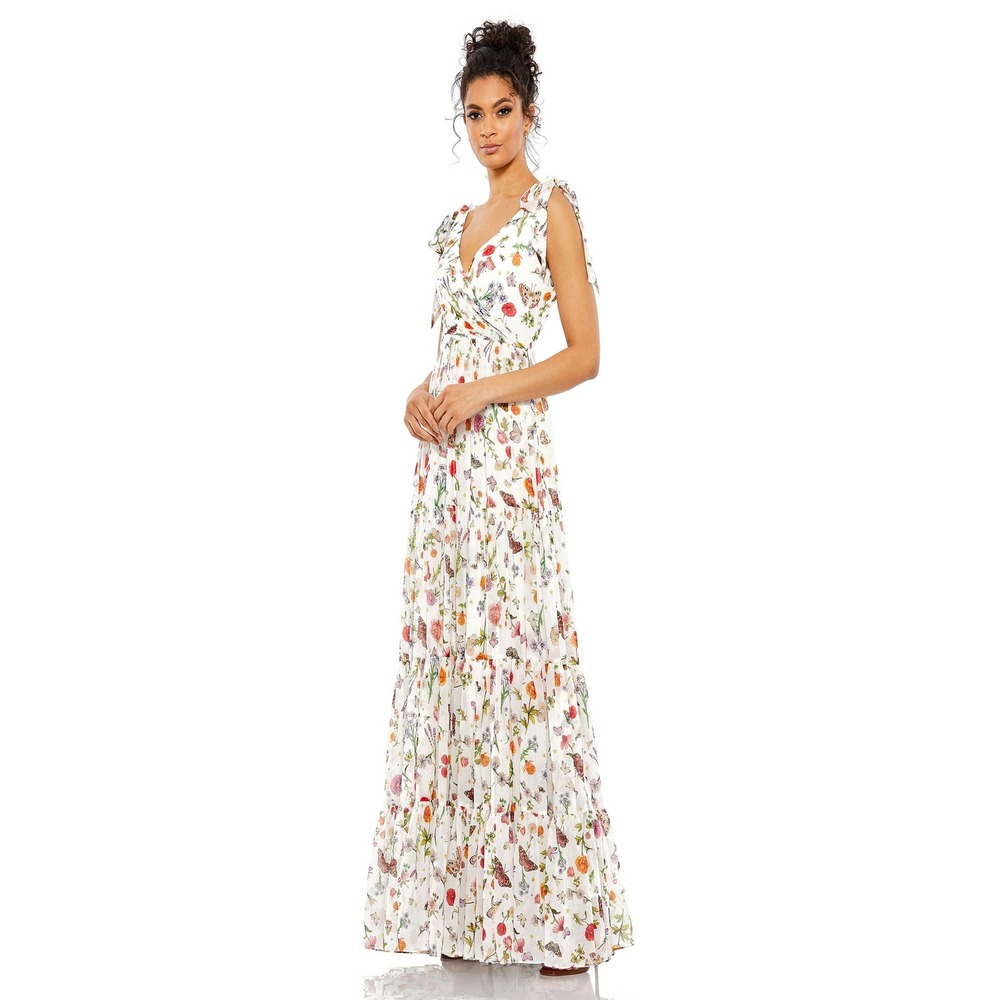 Mac Duggal Floral Butterfly Print Chiffon Tiered Maxi Dress White Multi Size 2